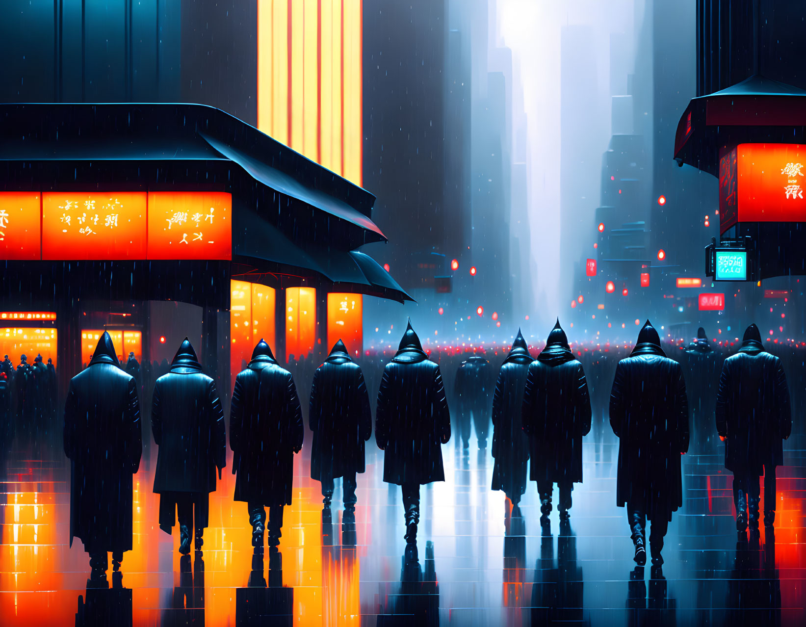 Futuristic cityscape with neon signs, hooded crowd, and skyscrapers in the rain