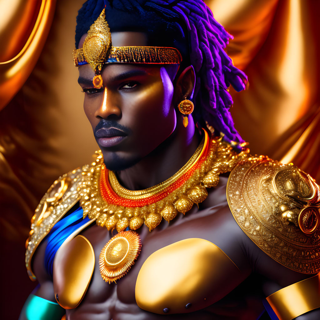 Regal figure adorned in gold jewelry and blue armor with purple hair on warm backdrop