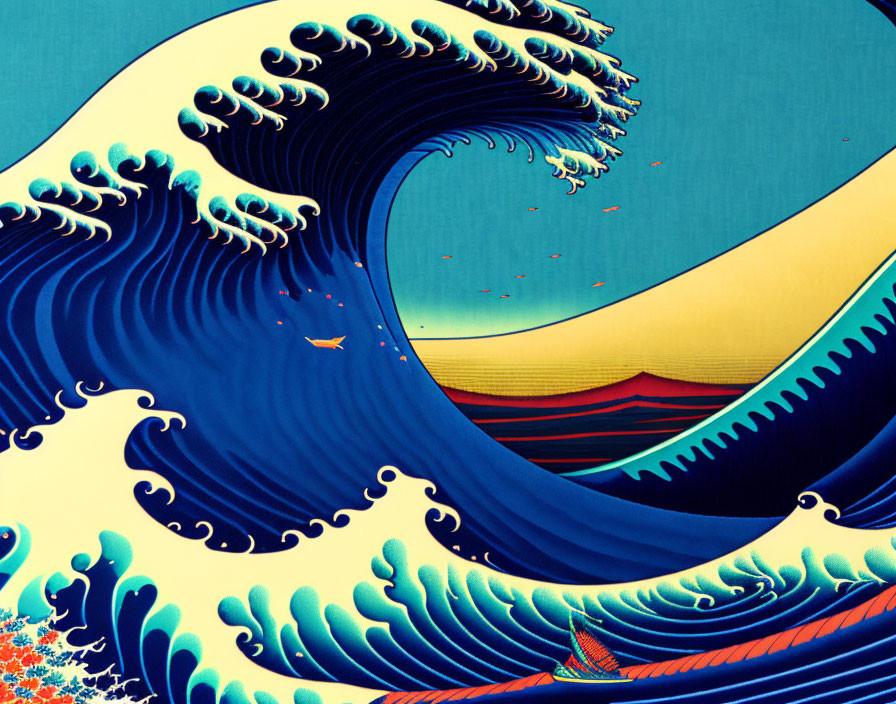 Stylized blue wave with boats under yellow-red sky