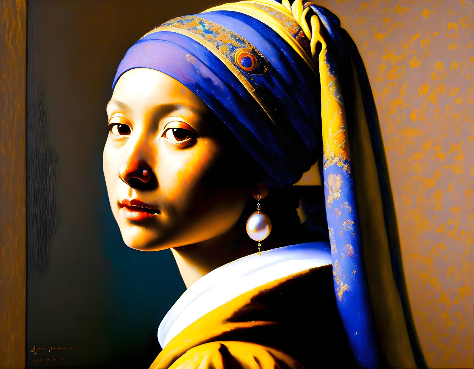 Vibrant digital artwork of a young woman in blue and yellow headscarf