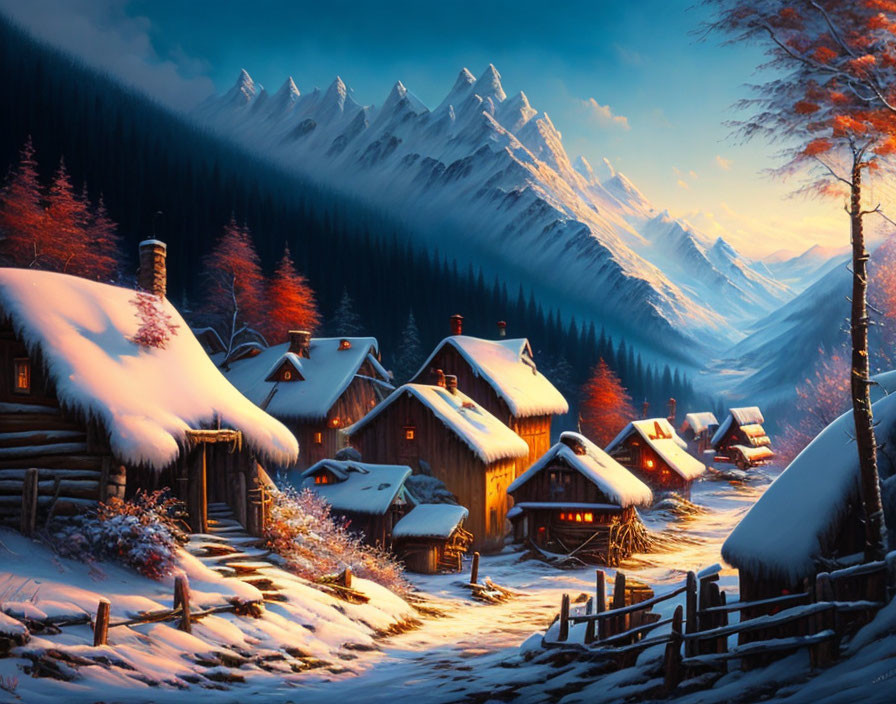 Winter scene: cottages nestled in snow at twilight