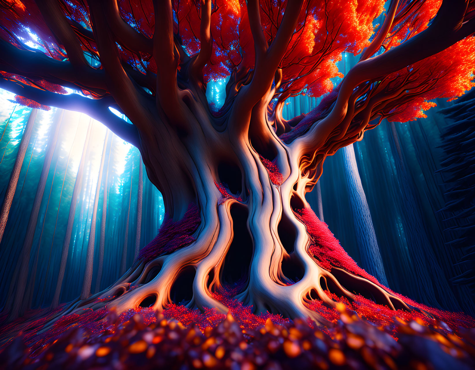 Mystical tree with twisted roots and red foliage in a blue forest