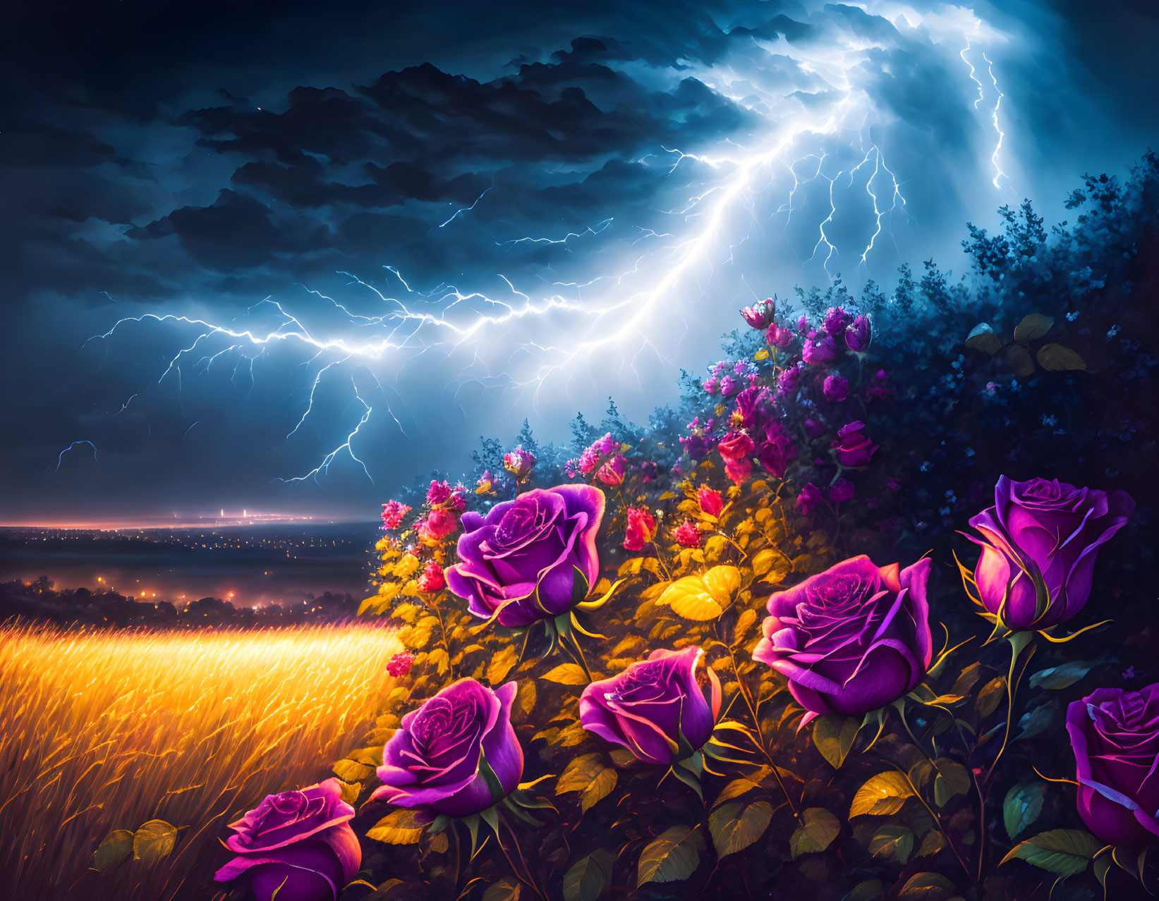 Vibrant purple roses, golden wheat field, and dramatic thunderstorm with lightning