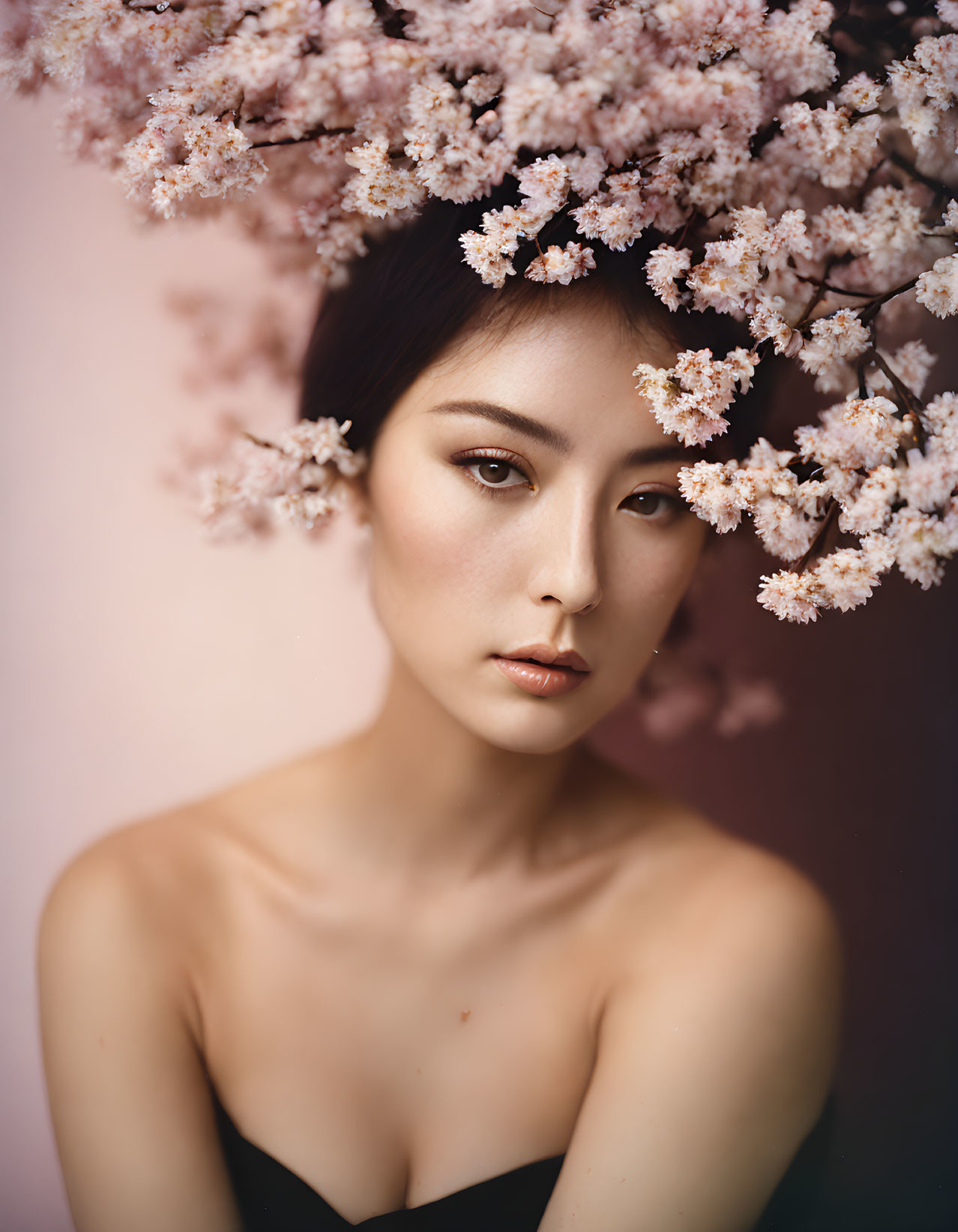 Serene woman against pink backdrop with cherry blossoms