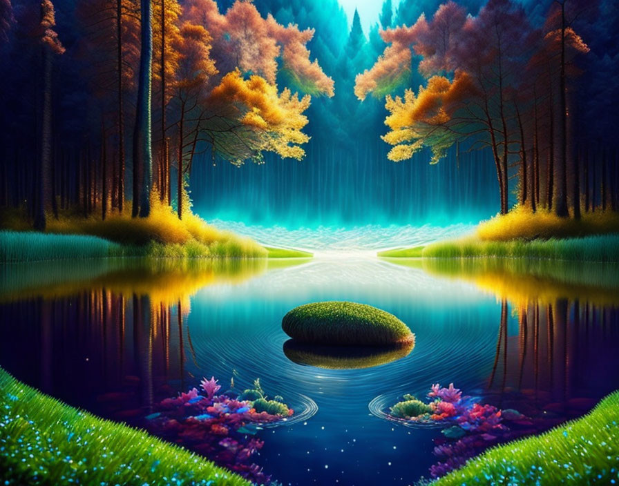 Symmetrical fantasy landscape with colorful trees and glowing plants