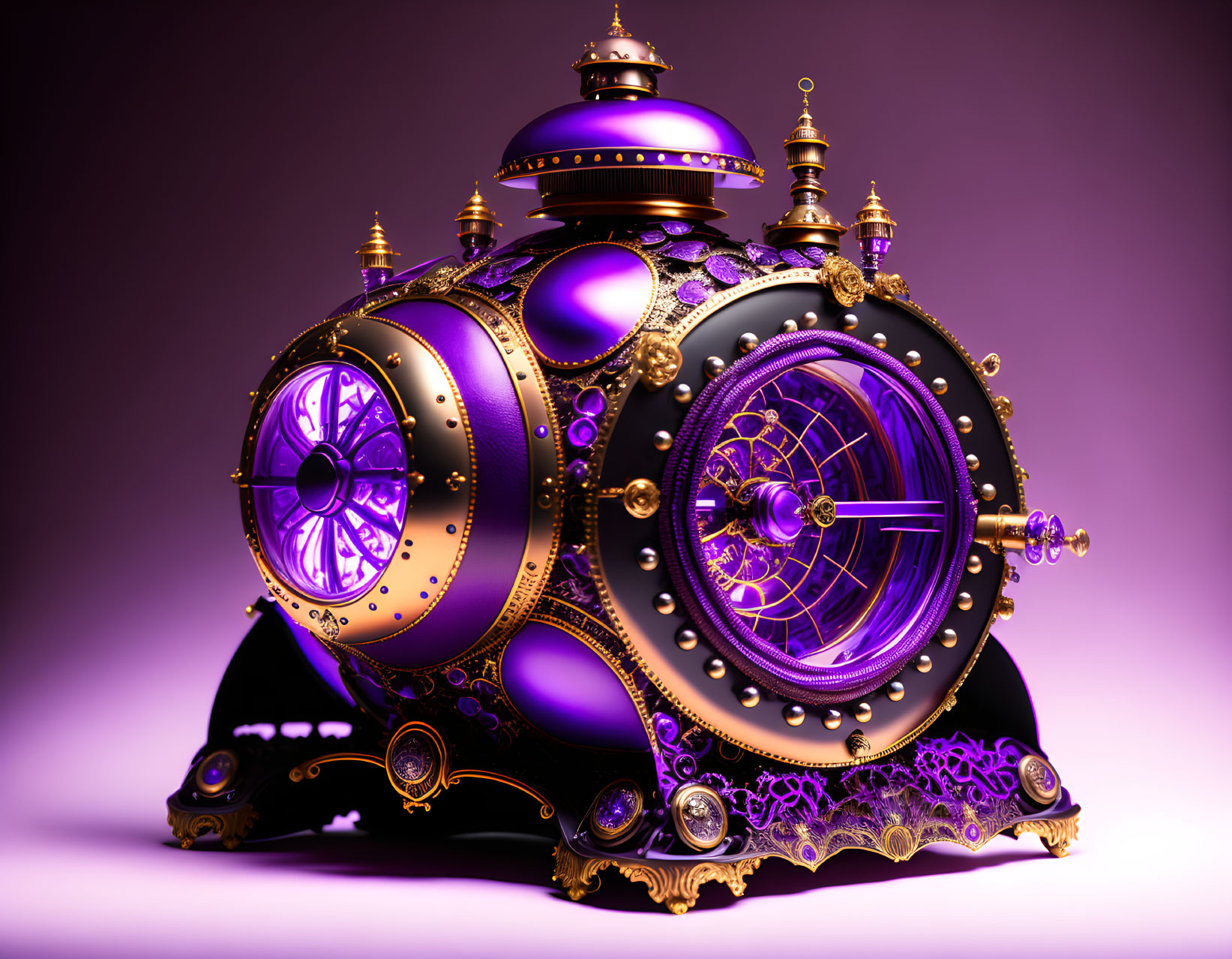 Steampunk-inspired clock with purple-tinted glass face and intricate gold detailing