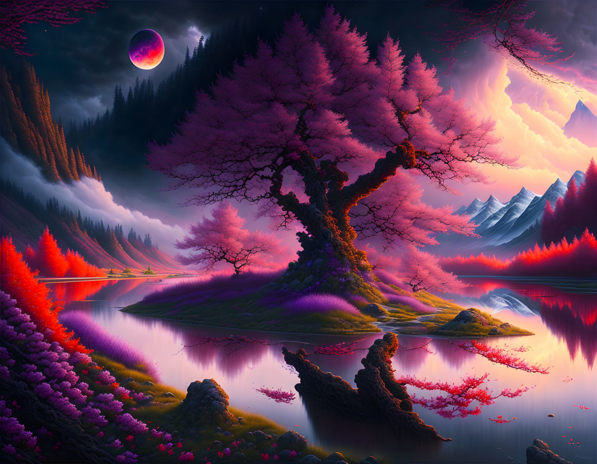 Vibrant pink tree on island with purple eclipse in lush landscape