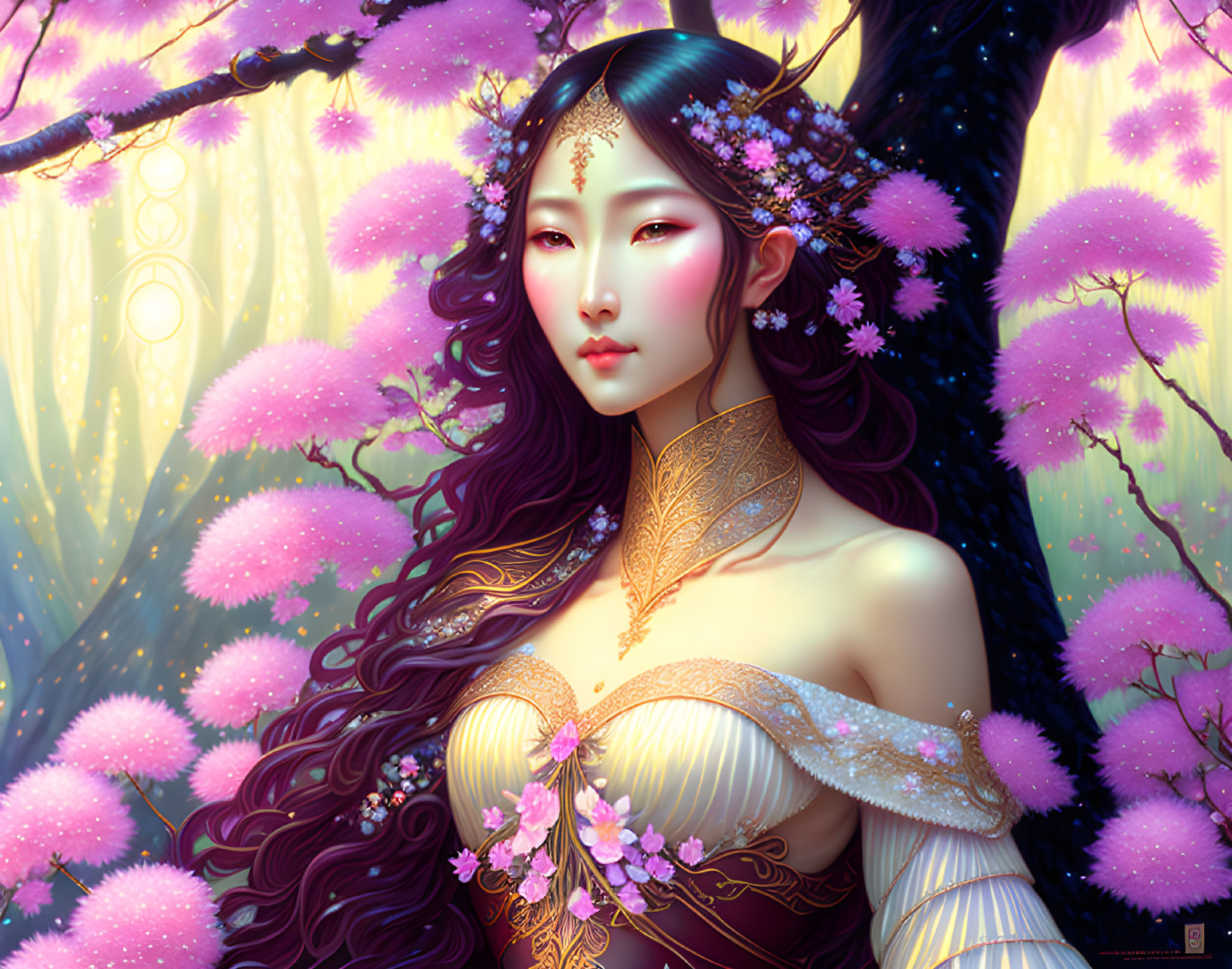 Ethereal woman portrait with flowing hair and gold jewelry among pink blossoms