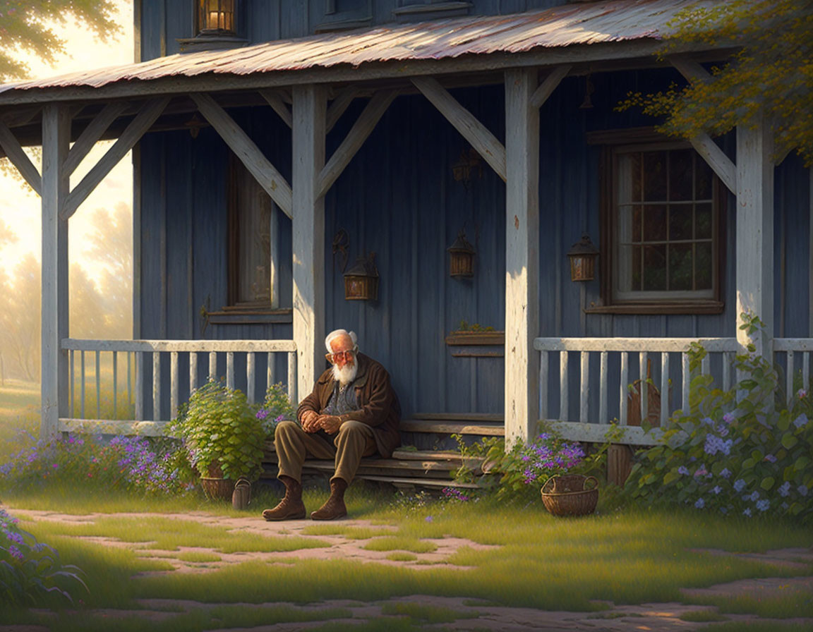 Elderly man with beard on porch of rustic blue cottage surrounded by greenery