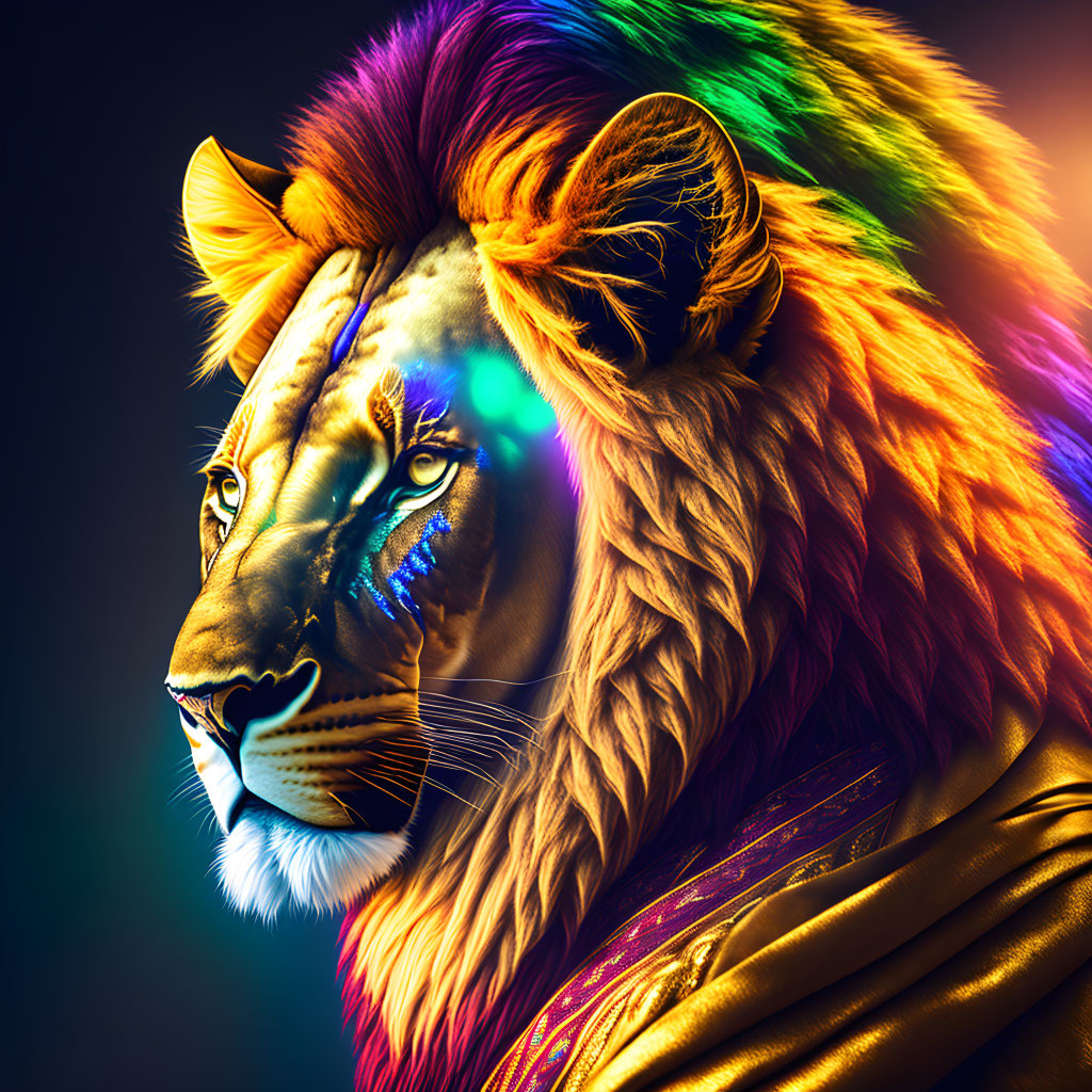 Colorful Lion Artwork with Dramatic Lighting on Dark Background