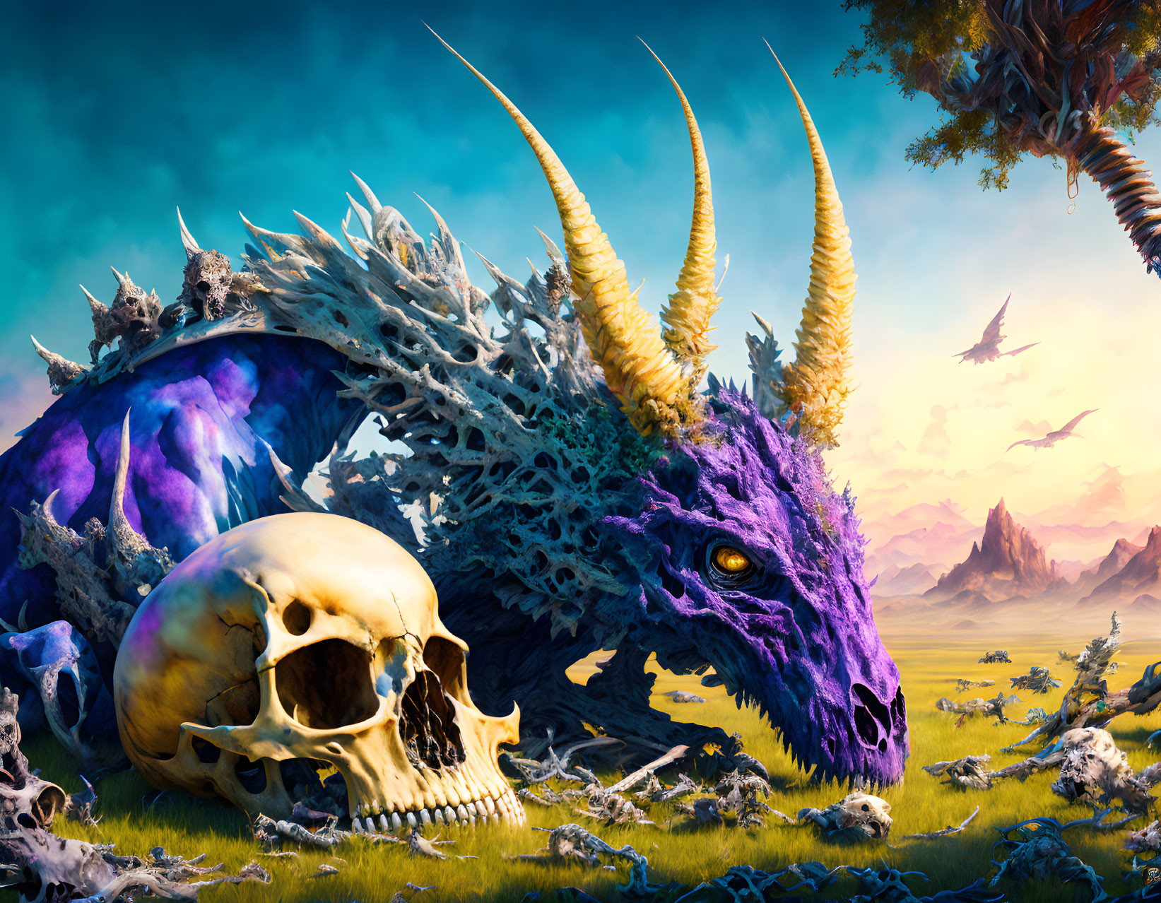 Fantasy landscape with blue and purple dragon, bones, skulls, and flying dragons