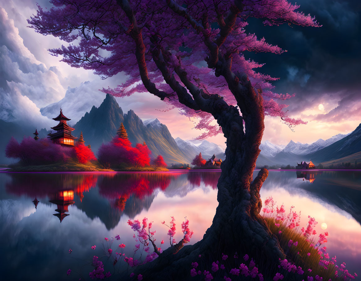 Scenic landscape with pink blossoming tree, serene lake, pagodas, mountains, and dramatic