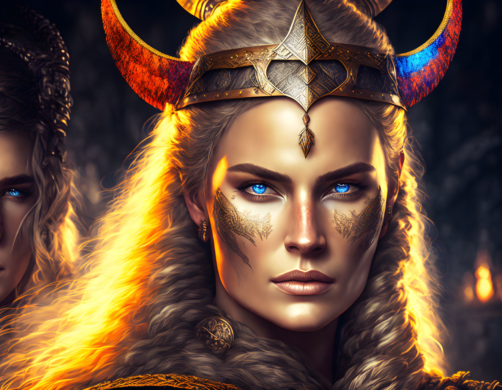 Detailed Artwork: Fierce Woman with Blue Eyes, Horned Helmet, Metallic Face Markings