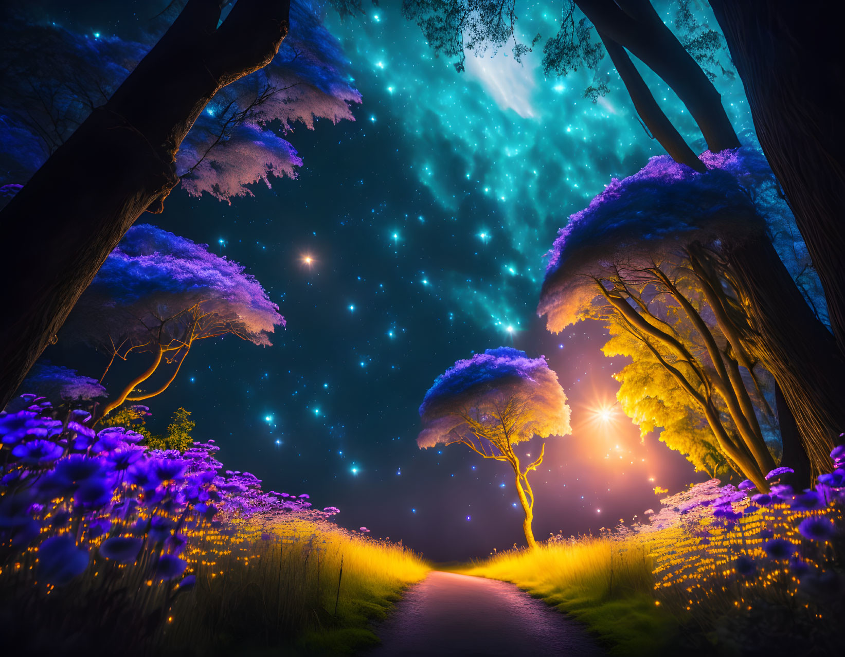 Enchanting starlit forest with glowing trees at night