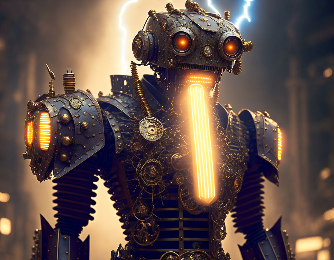 Detailed Steampunk Robot with Glowing Orange Eyes in Moody Industrial Setting