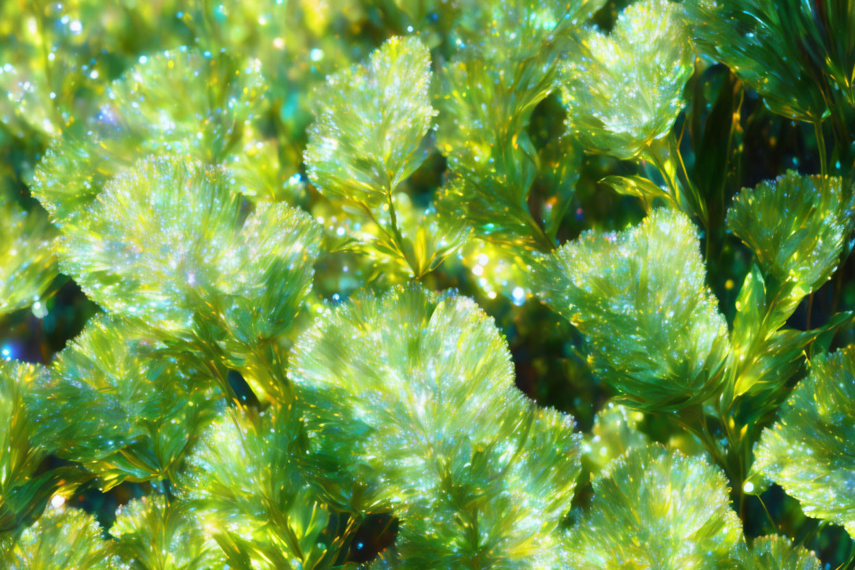 Vibrant green plants with dew under bright sunlight