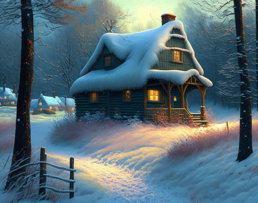 Snow-covered cottage with thatched roof in serene twilight landscape