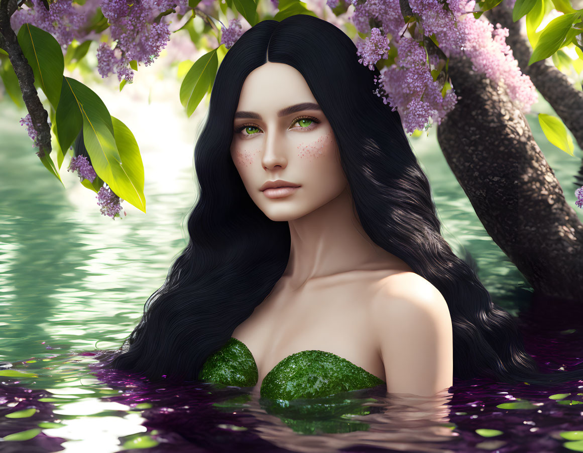 Digital artwork: Woman with black hair and green eyes in floral waterscape