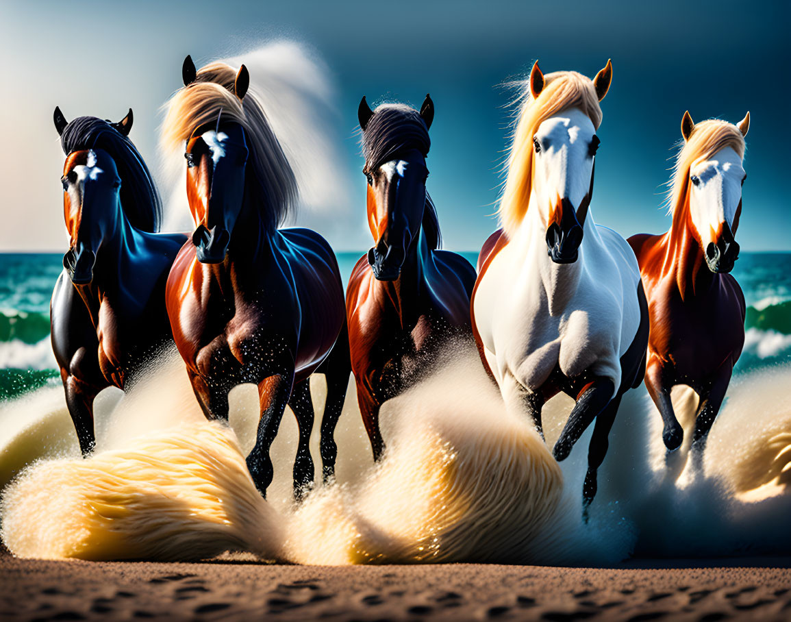 Five horses galloping on a beach with splashing waves and vibrant sky