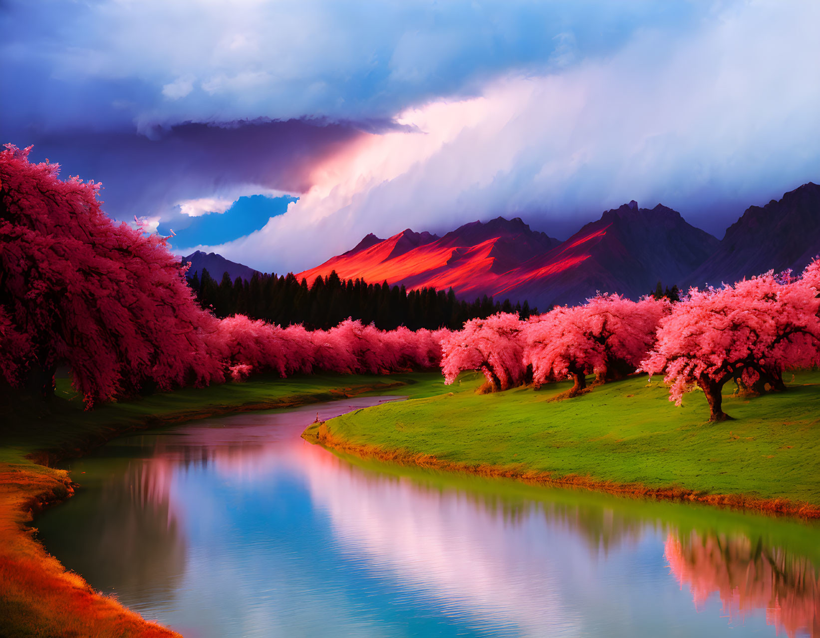 Scenic landscape: pink cherry blossoms, river, dramatic sky, red mountains at sunset