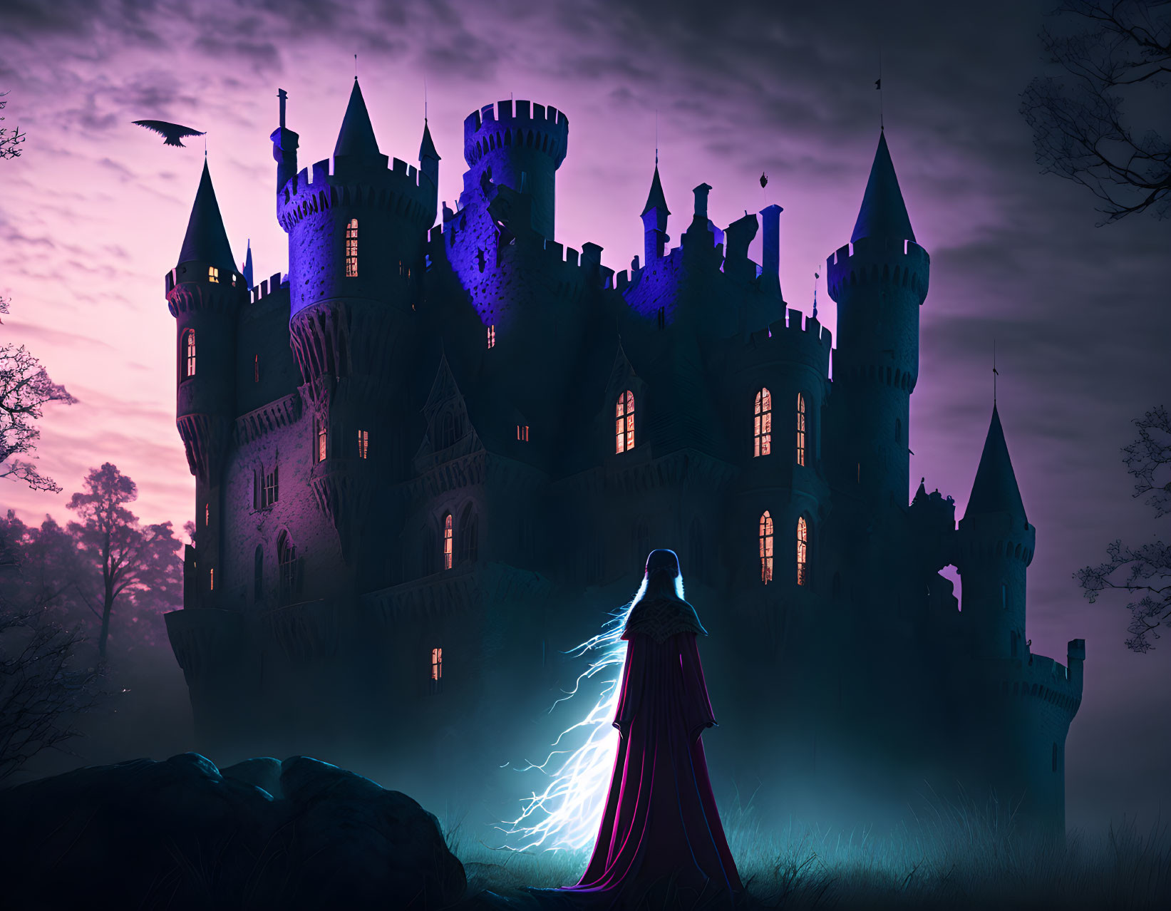 Mysterious Figure with Cape at Gothic Castle under Twilight Sky