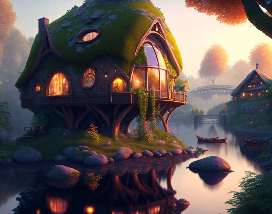 Thatched Roof Cottage by Serene River at Dusk