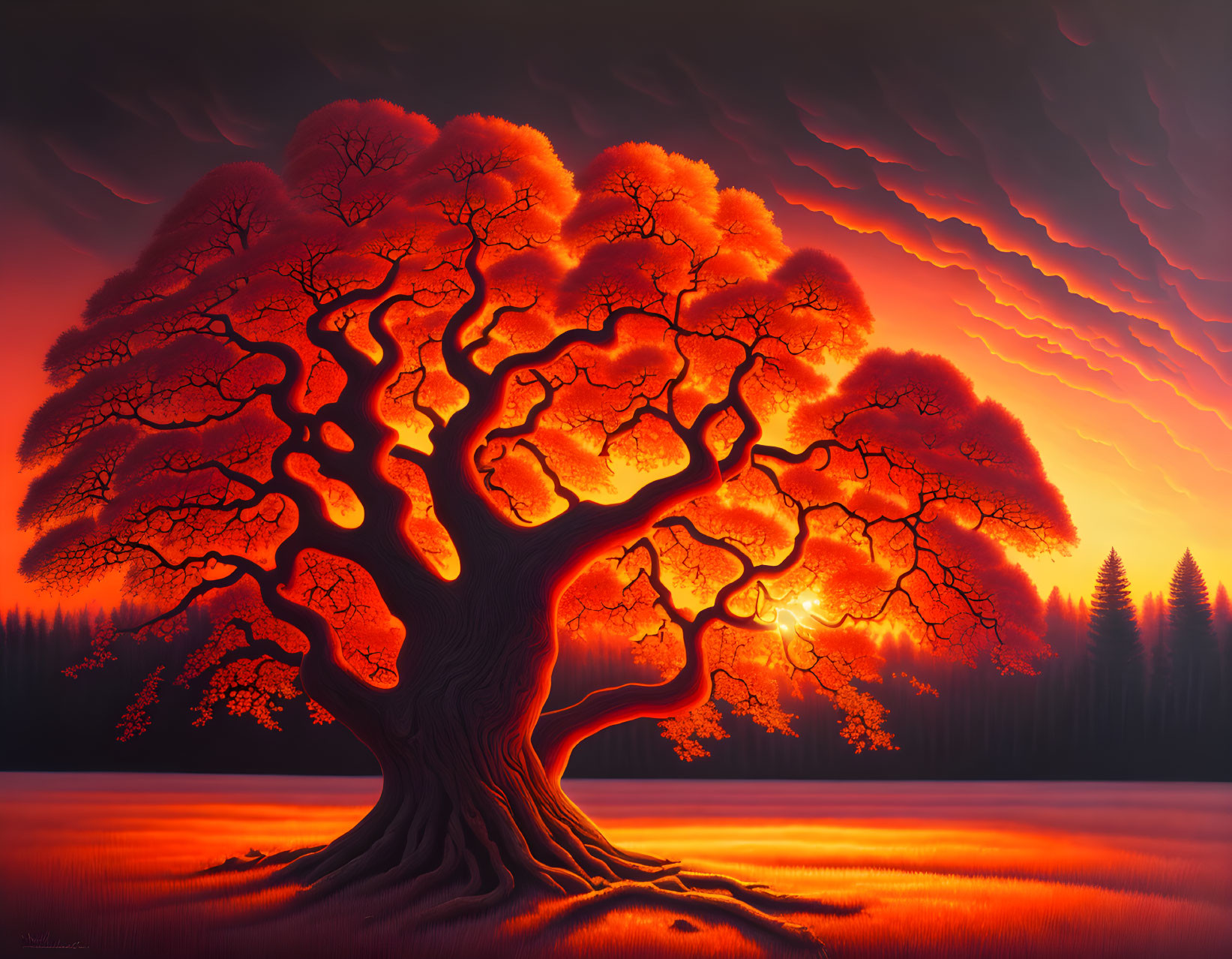 Majestic tree digital artwork with fiery sunset backdrop