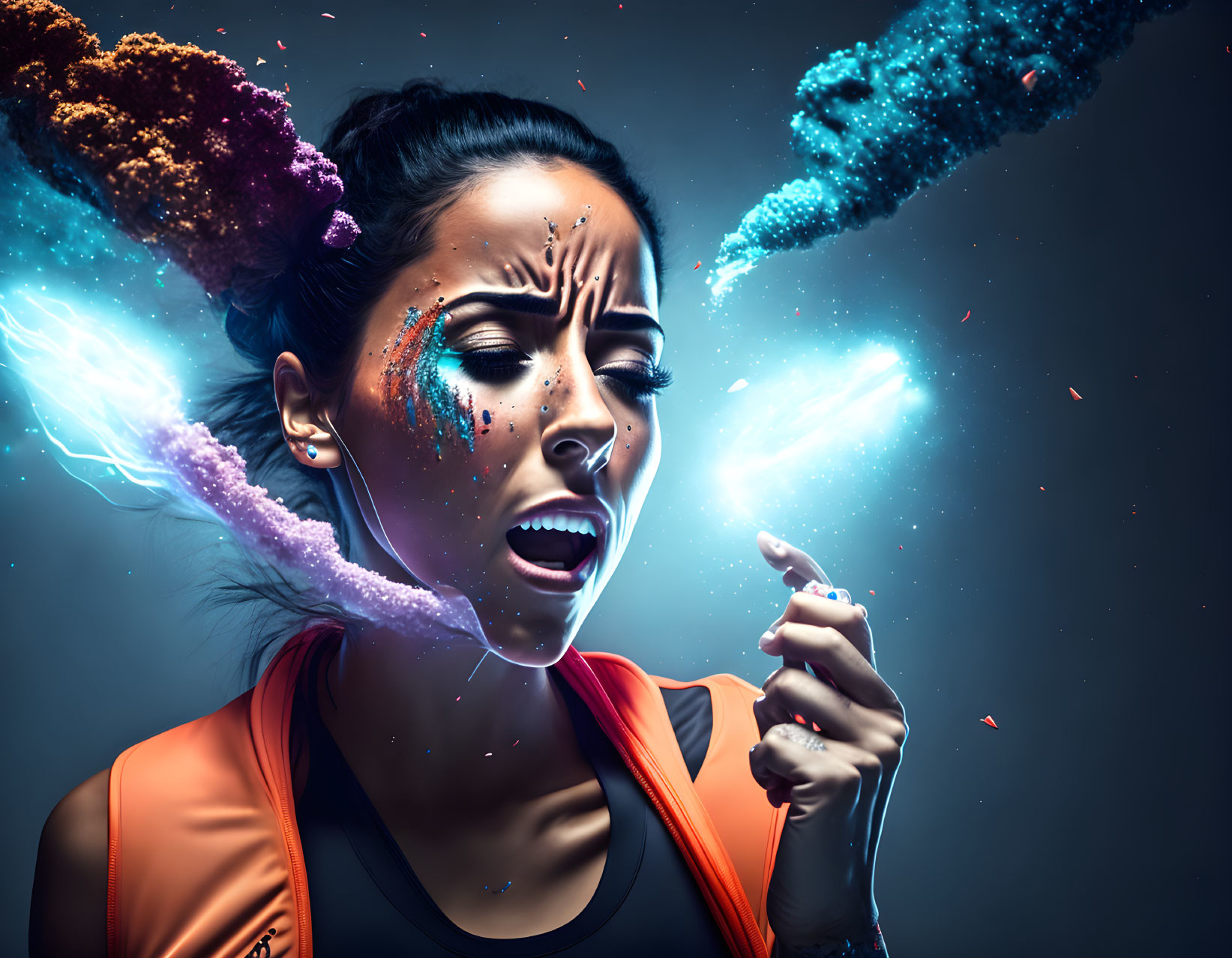 Colorful cosmic makeup woman sneezing vibrant powder in starry explosion.