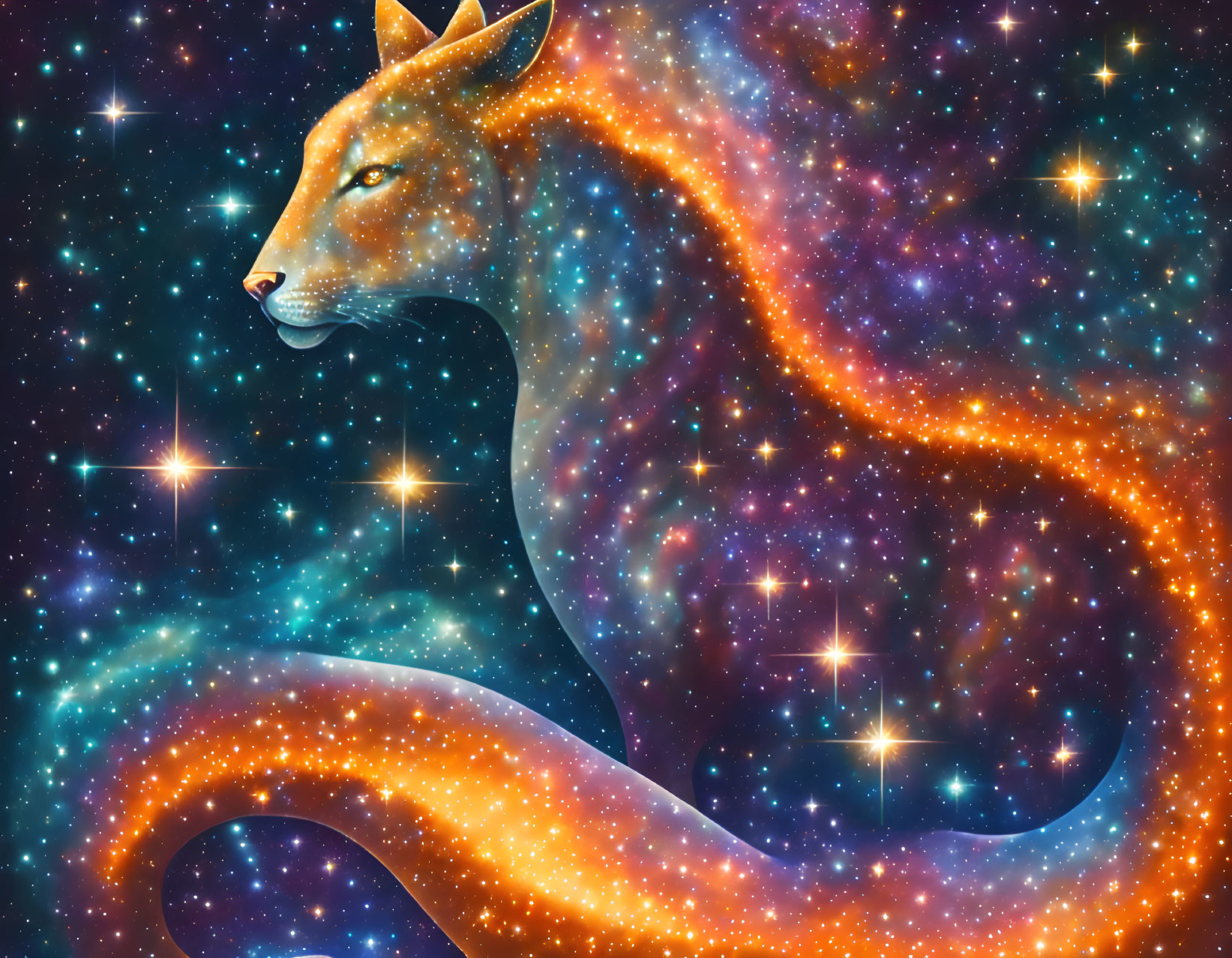 Ethereal cosmic fox in vibrant orange and blue hues