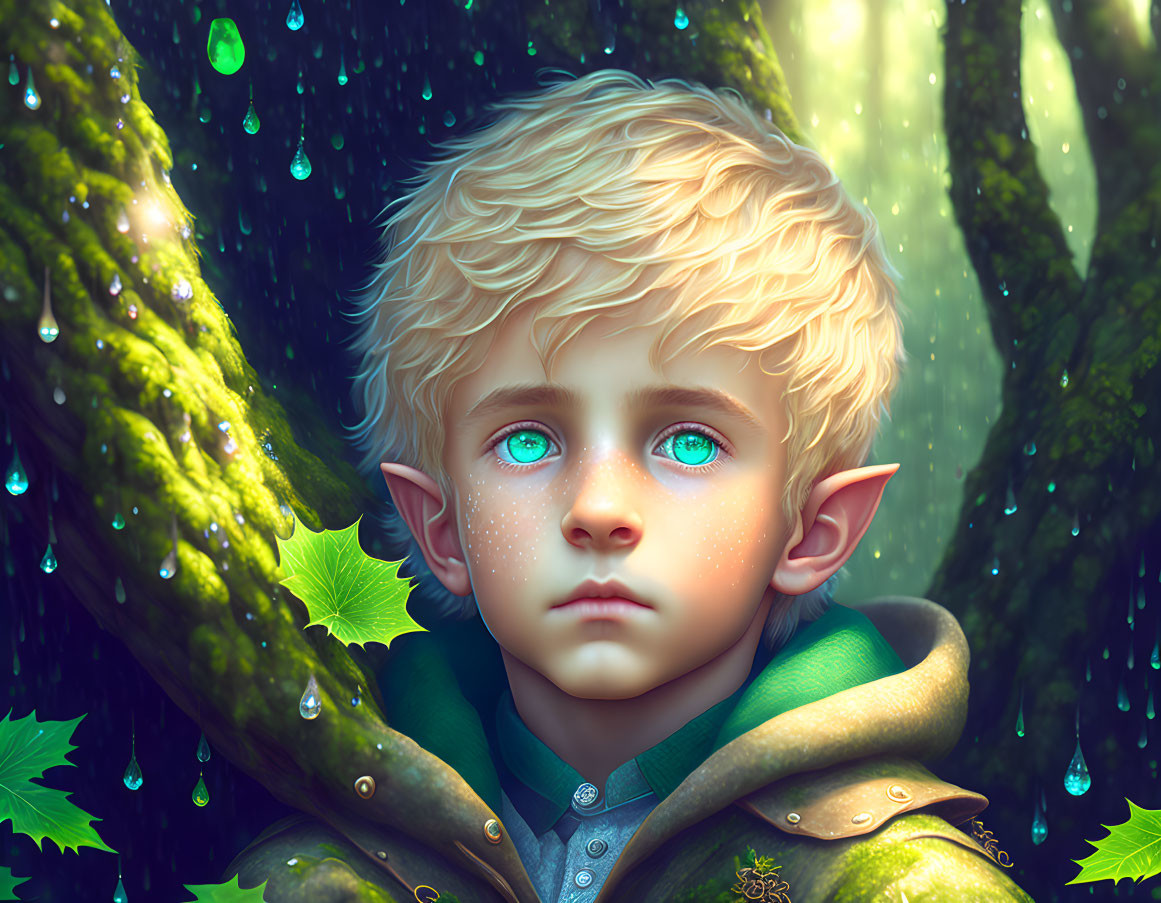 Young elf portrait with blond curly hair, blue eyes, pointed ears, nature background.