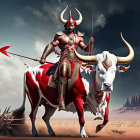 Ornate-armored warrior on bull in desert landscape