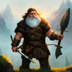 Bearded fantasy dwarf warrior with sword and axe in misty mountain landscape