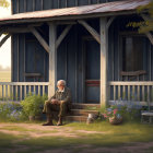 Elderly man with beard on porch of rustic blue cottage surrounded by greenery