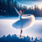 White tutu ballerina dances in snow-covered twilight landscape