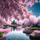 Tranquil pond with blooming pink cherry blossoms