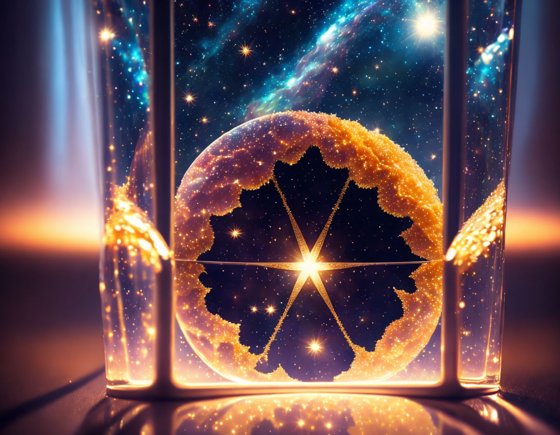 Fractal design orb in prism with cosmic starfield background