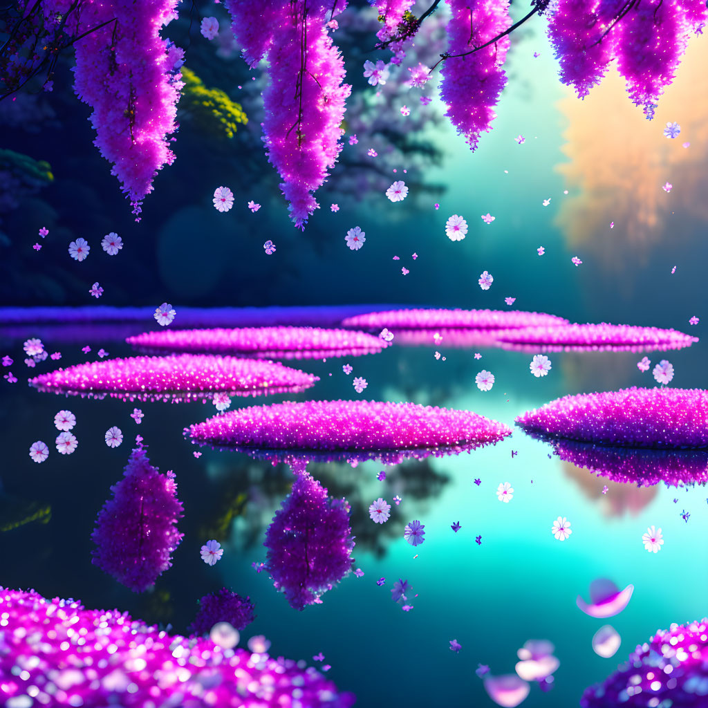 Fantasy landscape with glowing purple Wisteria trees by calm lake