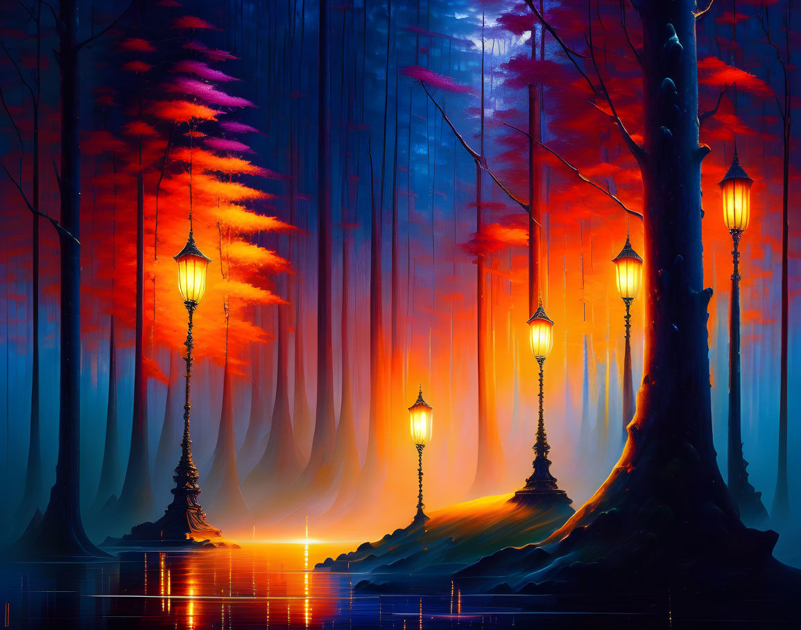 Enchanted forest digital artwork with glowing lanterns and fiery foliage