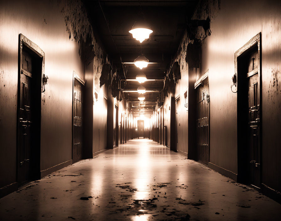 Dimly Lit Eerie Corridor with Closed Doors and Debris