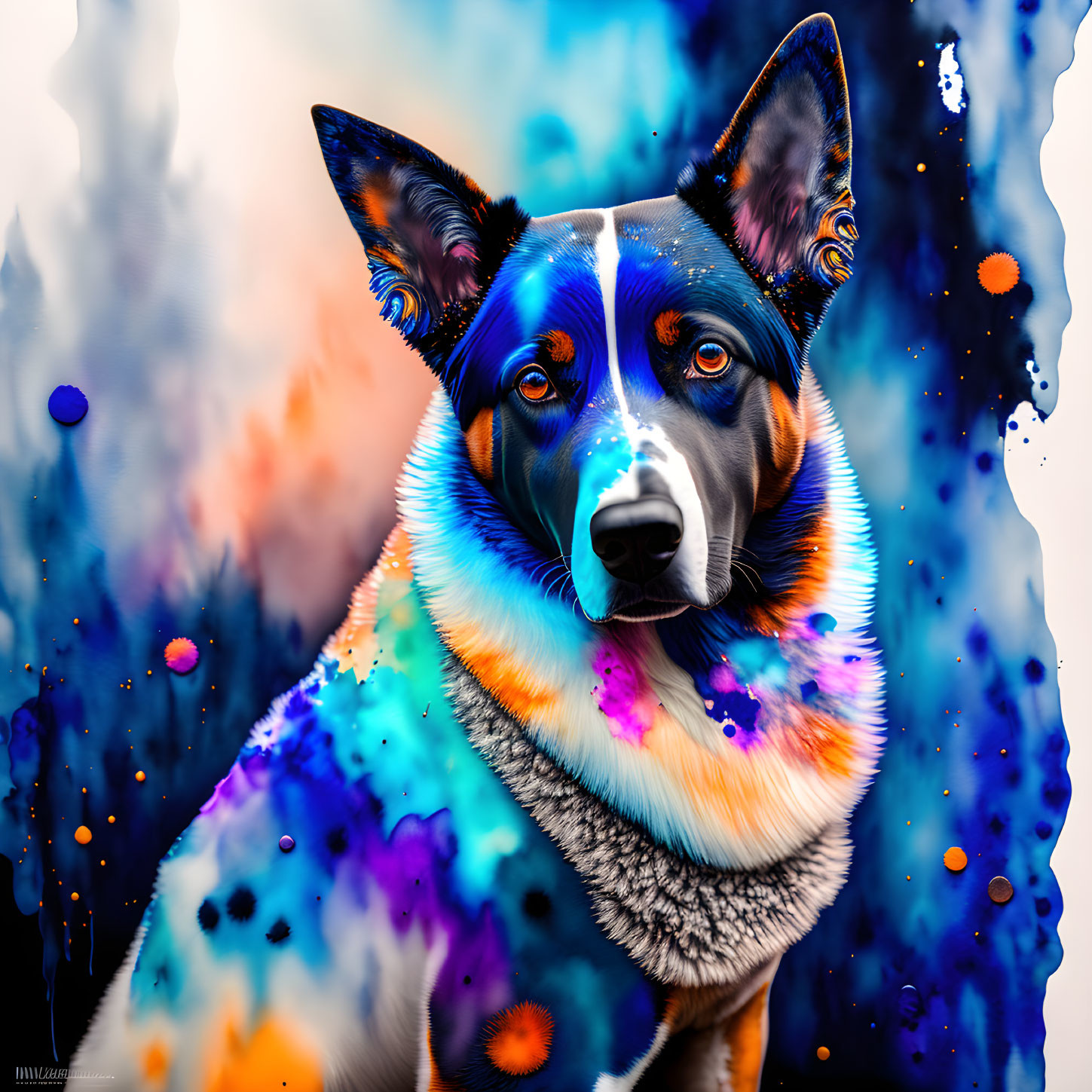 Vibrant Dog Artwork with Blue Eyes and Abstract Colors