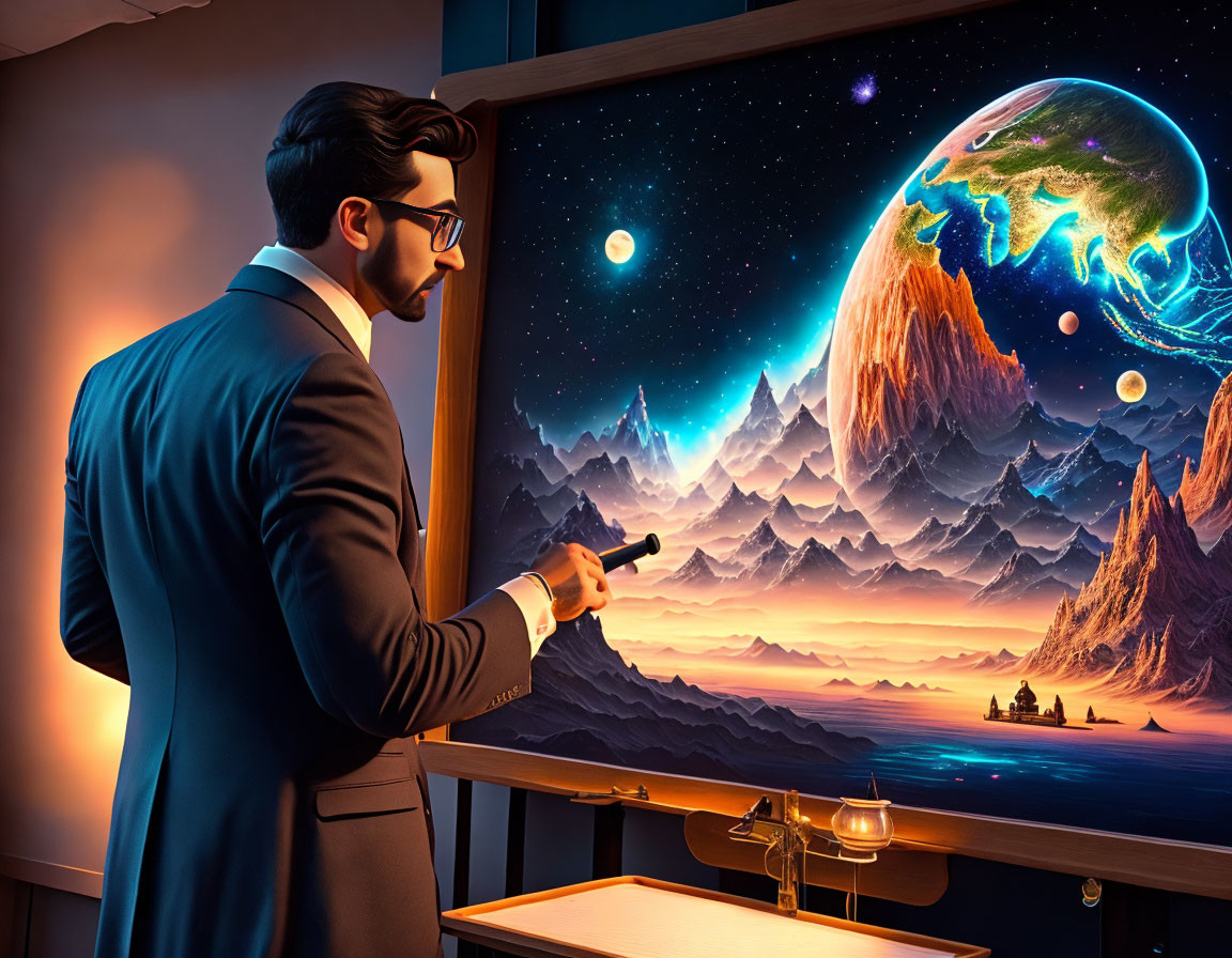 Man in suit pointing at vibrant cosmic landscape with planets and mountains