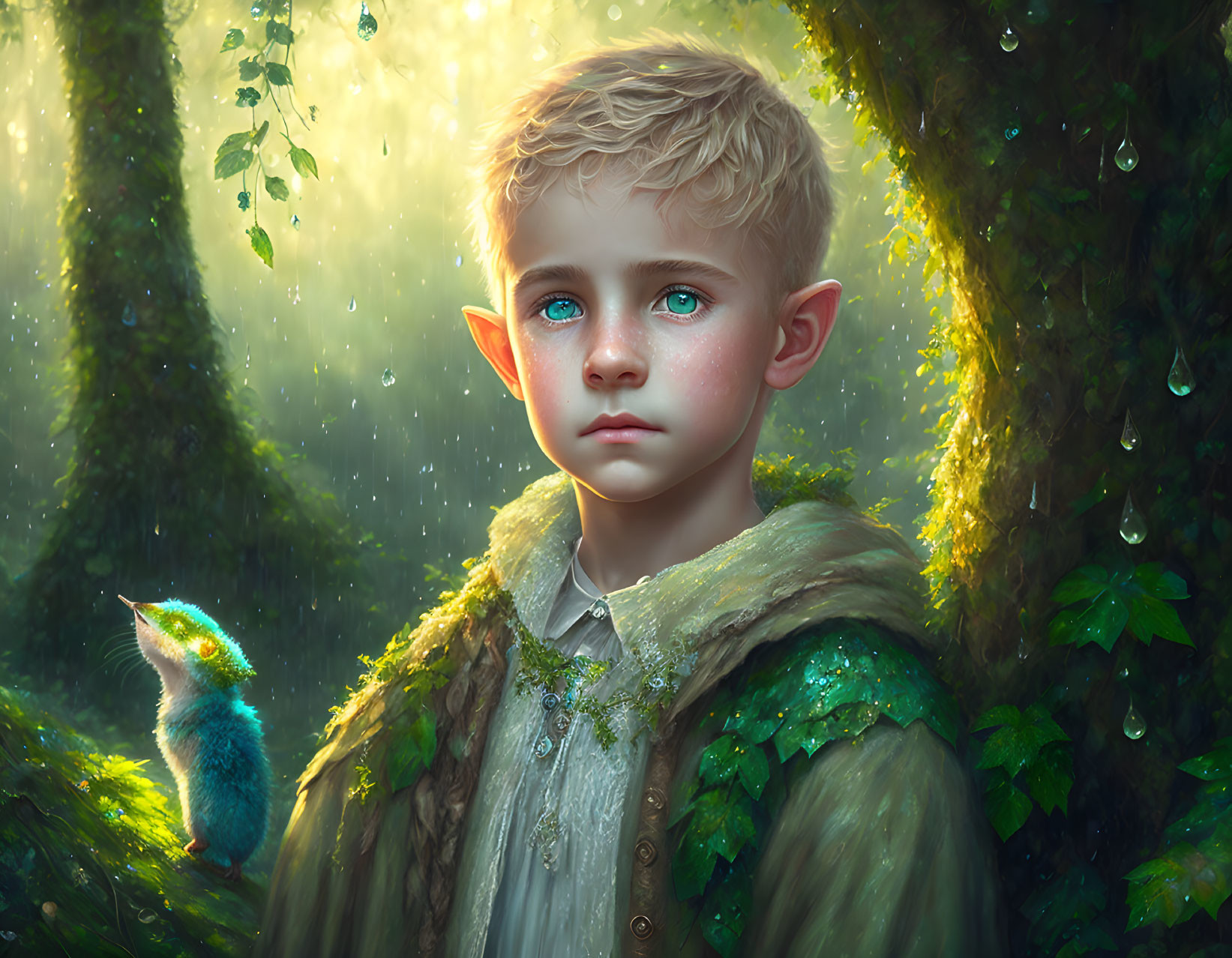 Young boy with blond hair and blue eyes in forest with glowing creature