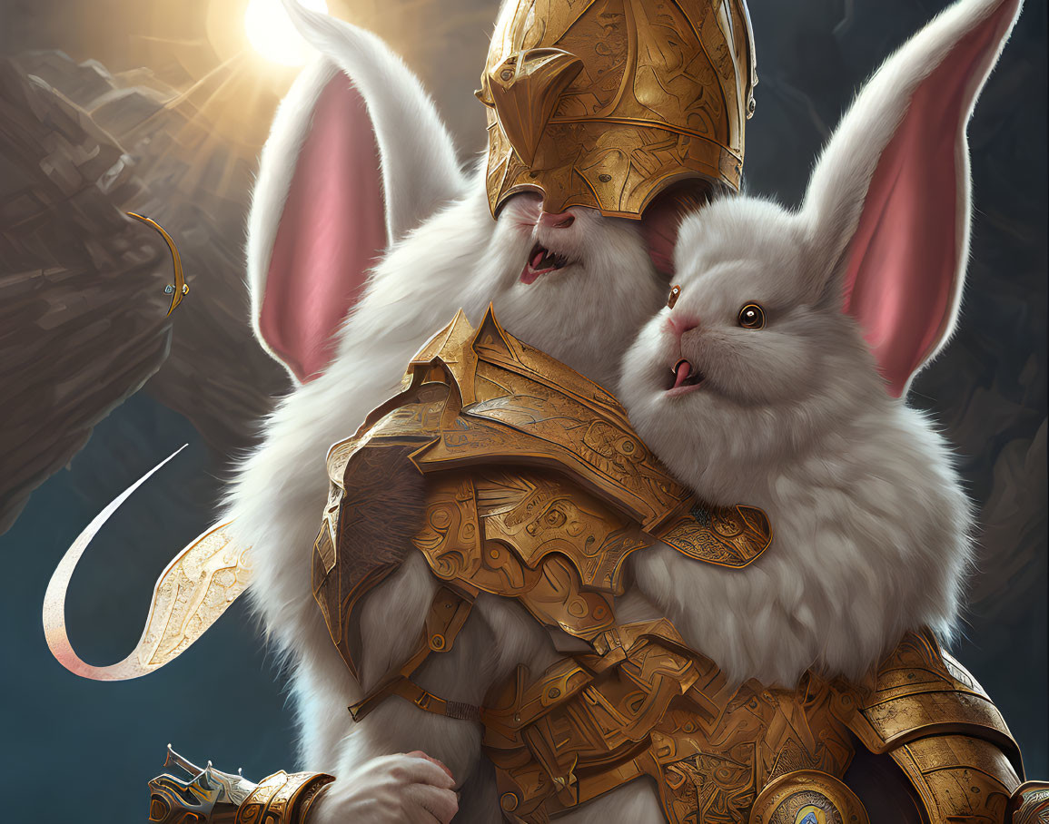 Majestic white rabbits in golden armor under dramatic sky