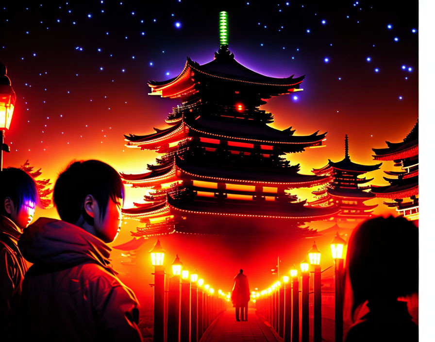 Silhouetted people under starlit sky with Japanese pagoda and lanterns