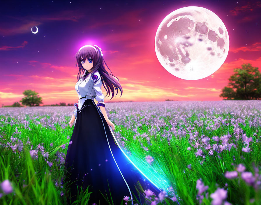 Anime girl with purple hair in flower field under moonlit sky