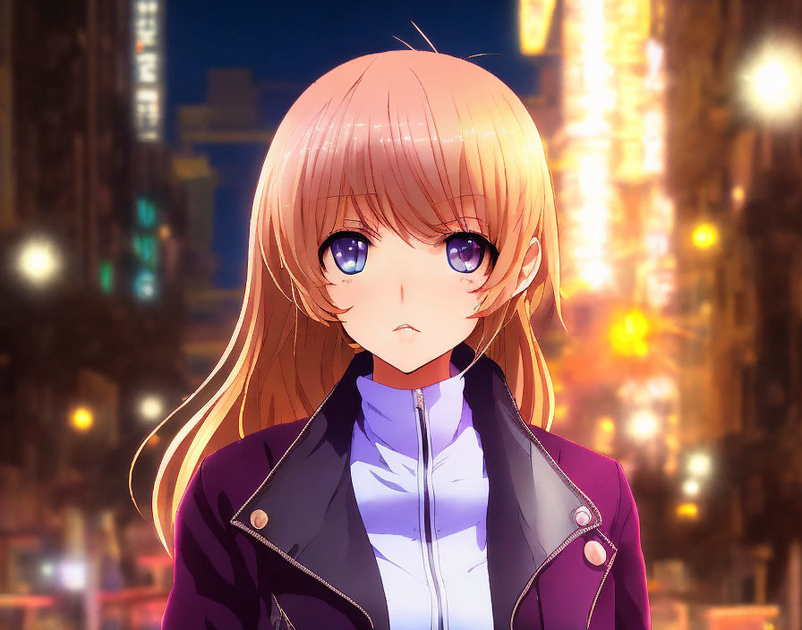 Anime girl with large purple eyes and long blond hair in front of warmly lit cityscape at dusk