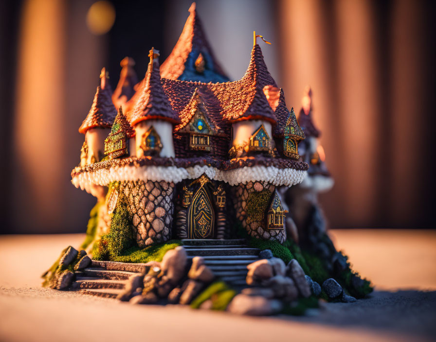 Miniature Fairy-Tale Castle with Red Roofs and Stonework