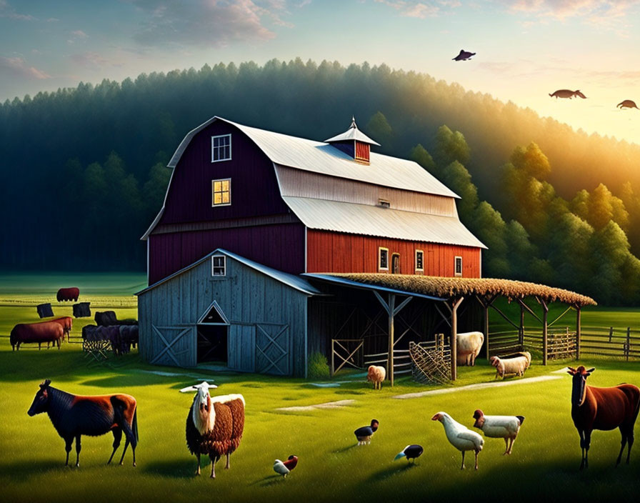 Rural farm landscape with red barn, grazing animals, and birds in sunny sky