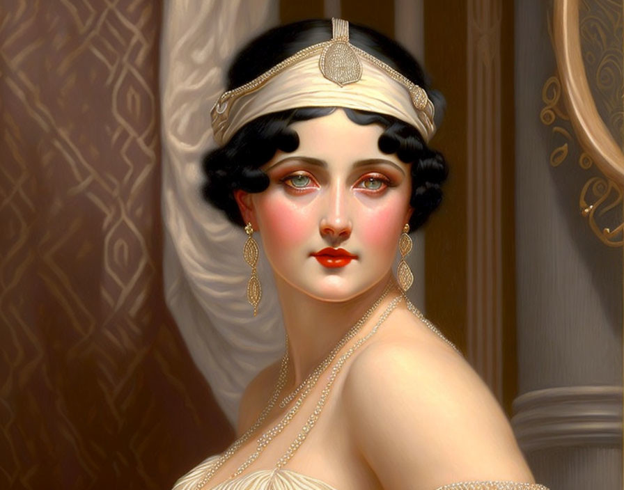 Detailed illustration of woman with dark hair, white headband, large earrings, and pearl necklace on creamy