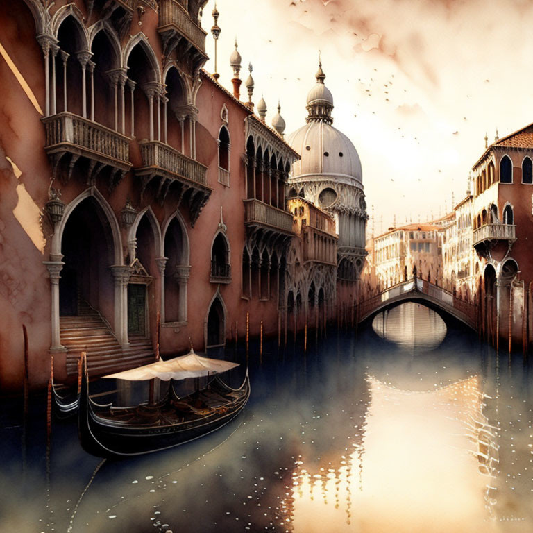 Venetian canal scene with gondola, ornate architecture, dome, and cloudy sky.